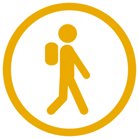 A gold icon showing a student walking with a backpack