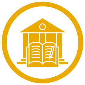 A gold icon of a building with a book in front of it.